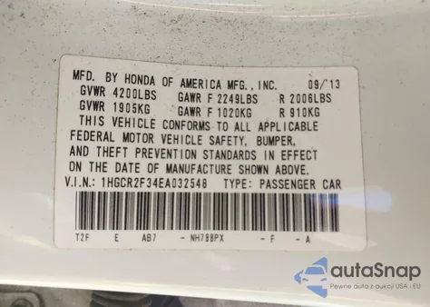 2014 Honda Accord Lx z USA, uszkodzony, nr VIN 1HGCR2F34EA032548